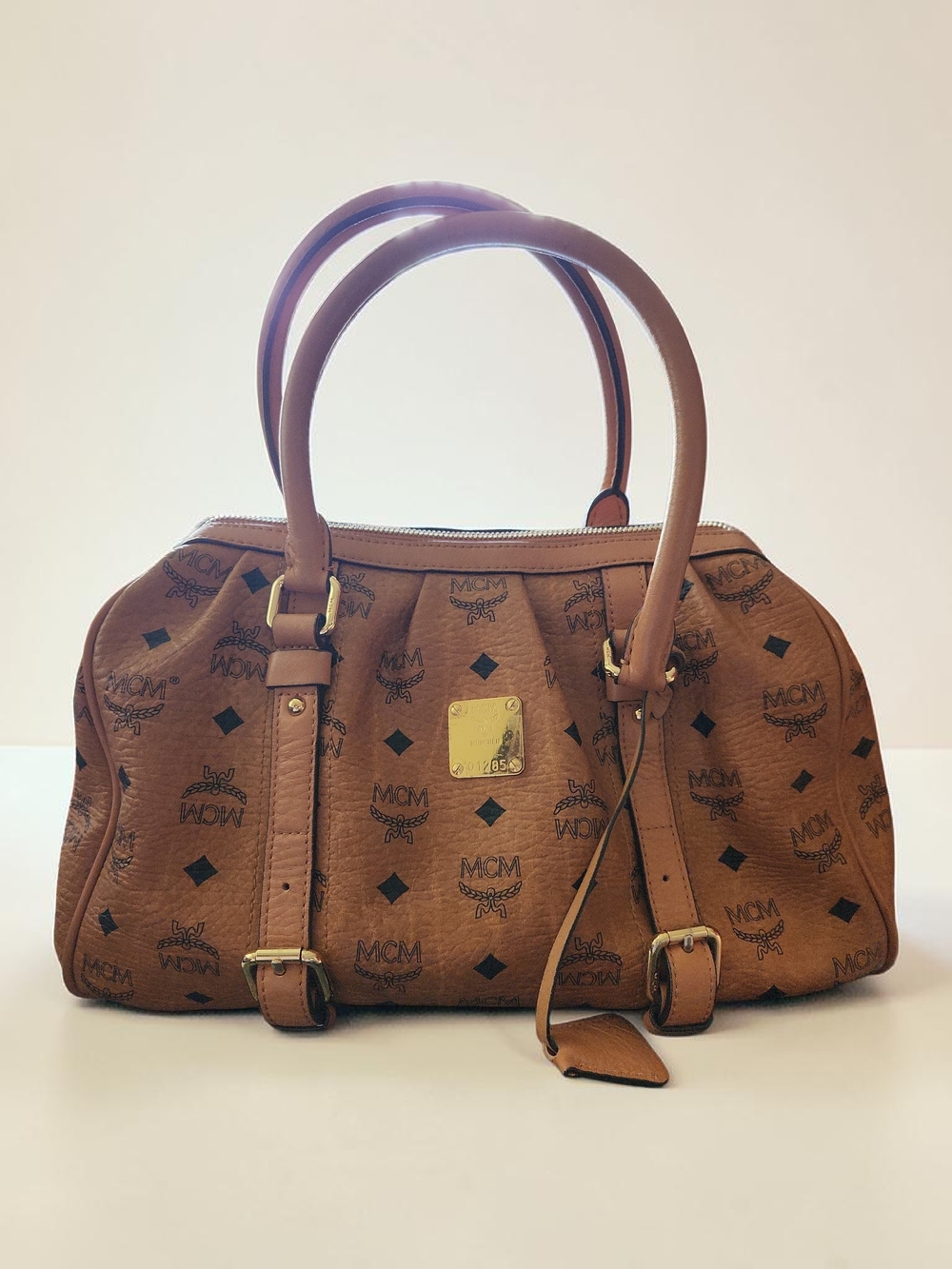 MCM Cognac Logo Visetos Satchel with Gold Hardware
